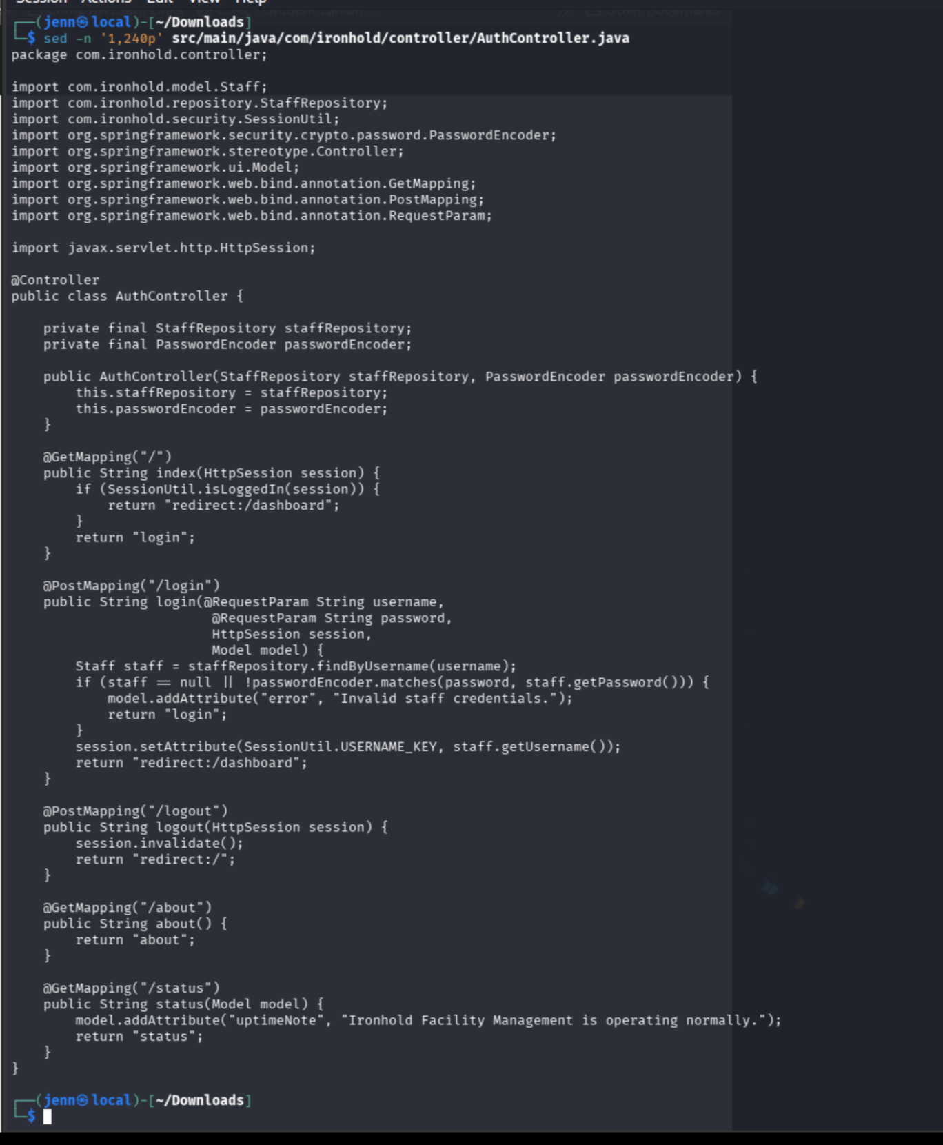 AuthController.java source showing login authentication flow